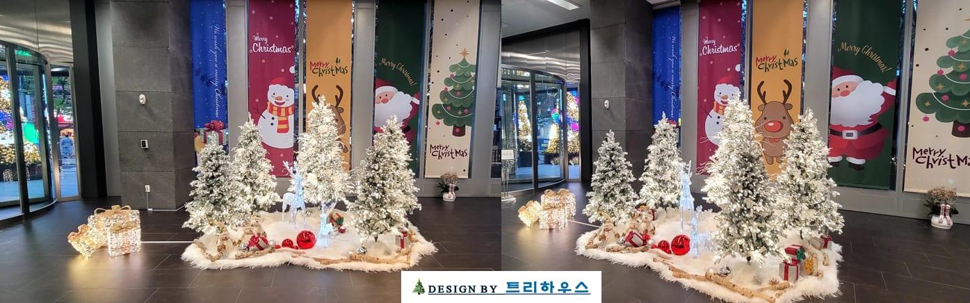 라이나타워 — 배너 앞 스노우트리와 순록 연출