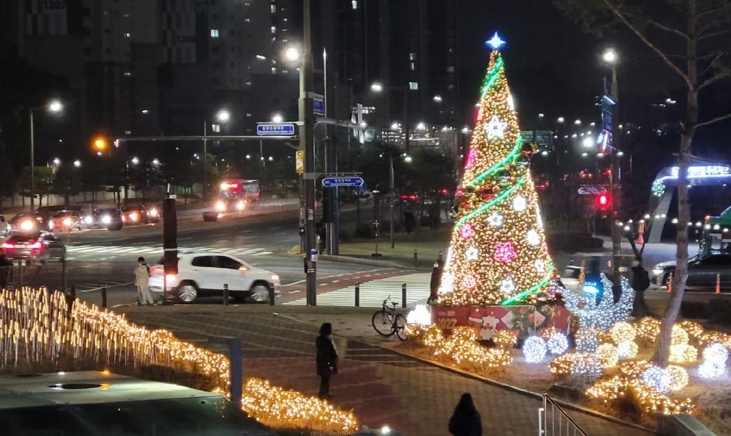 동탄 카림애비뉴 1차 — 교차로 광장의 대형 트리와 경관조명
