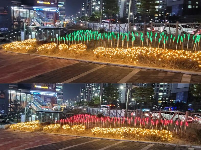 동탄 카림애비뉴 1차 — 화단의 갈대형 LED와 웜 덤불 조명