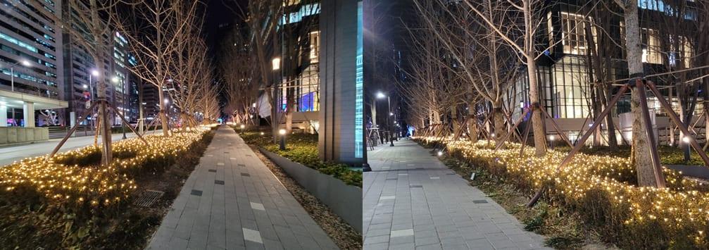 강남 센터필드 — 보행로 화단의 웜화이트 그물 조명