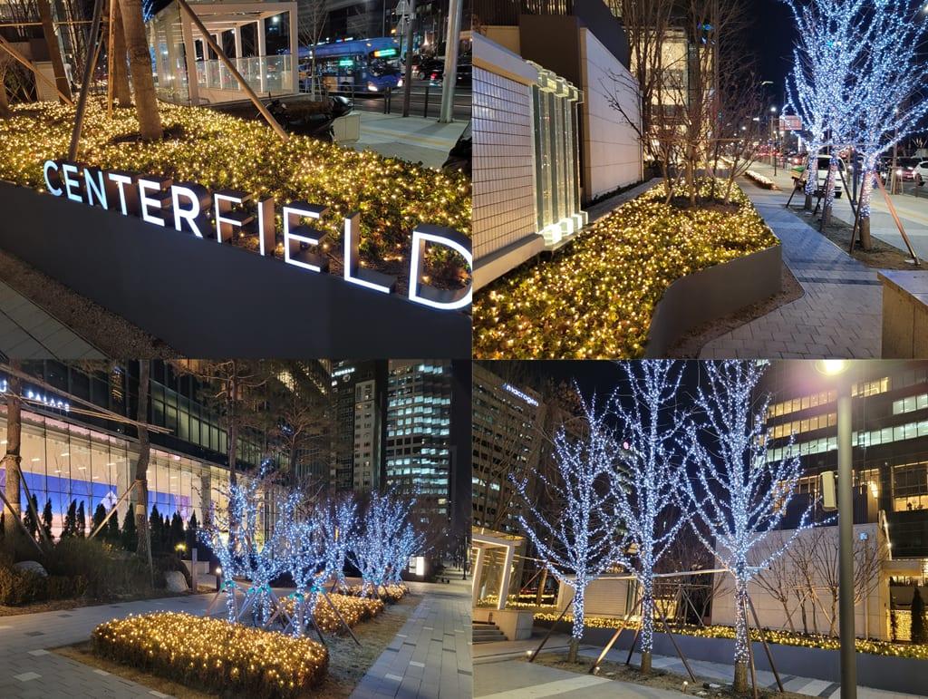 강남 센터필드 — 센터필드 사인과 화이트·웜 경관조명