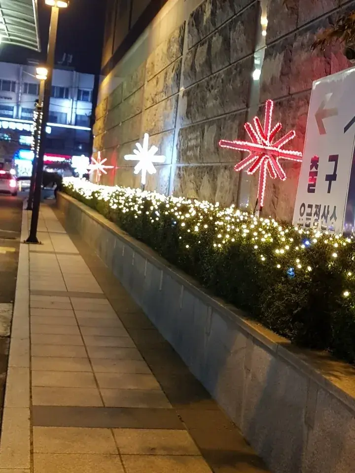 국제전자센터 — 화단 웜 조명과 스파클 별