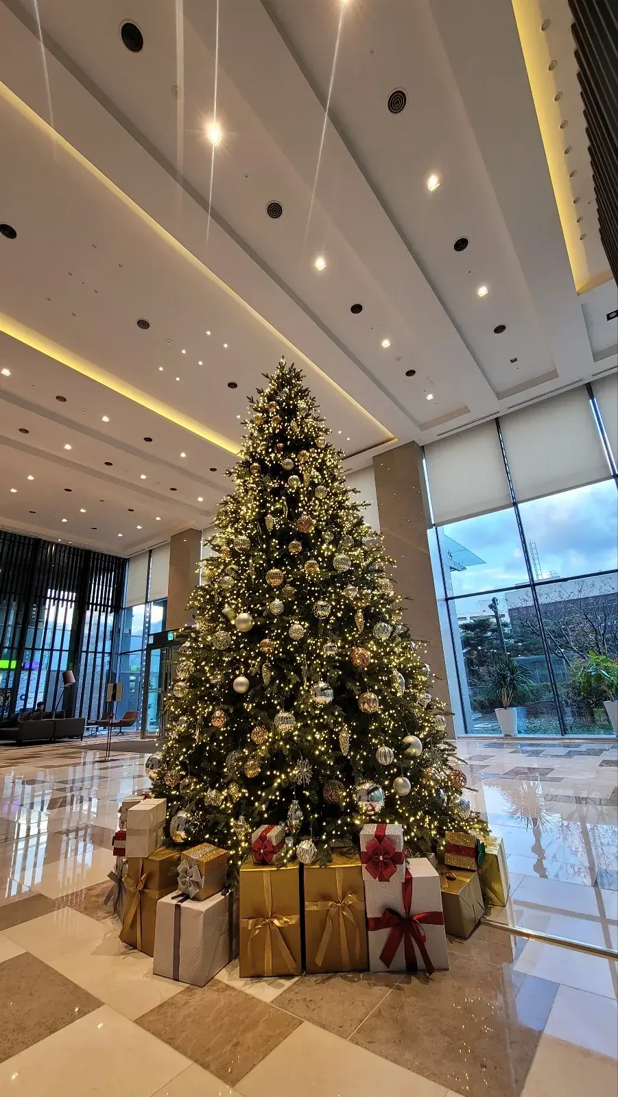 2024 서울역 T타워 3.6M 실내트리 — 창가 로비의 실내 트리