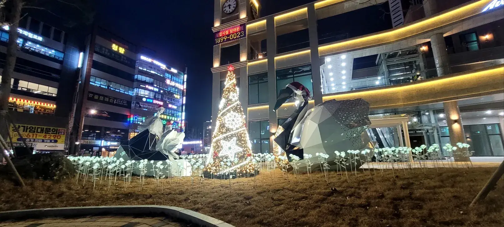 대구 테크노폴리스 — 트리와 백조 조형물, 상가 야경